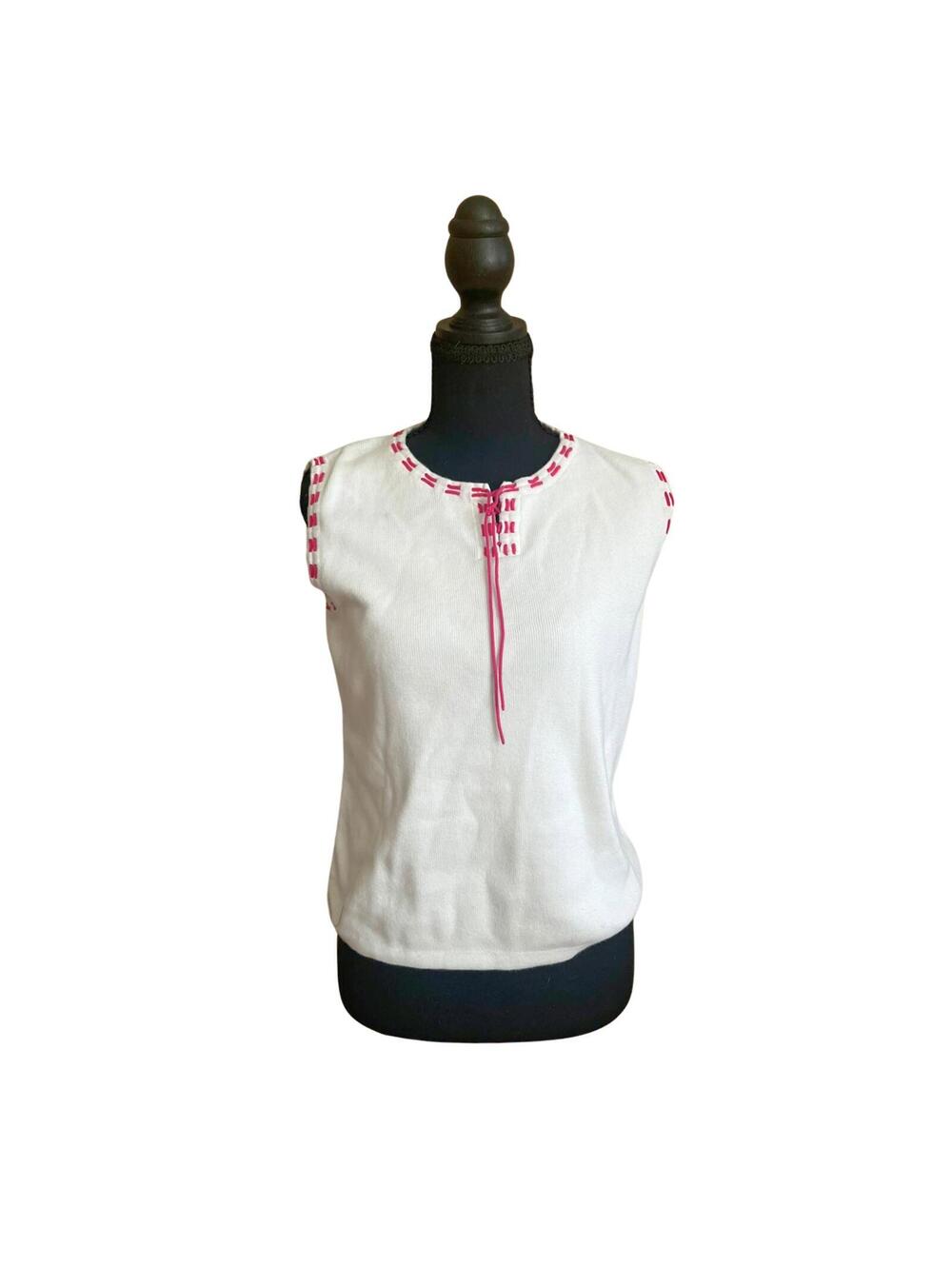 Christopher Banks Embroidered Lace Up Top Womens S White Red Boho Sleeveless